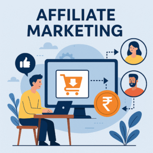 Affiliate marketing meaning illustrated – person promoting products online with rupee symbol, customer icons, and e-commerce concept